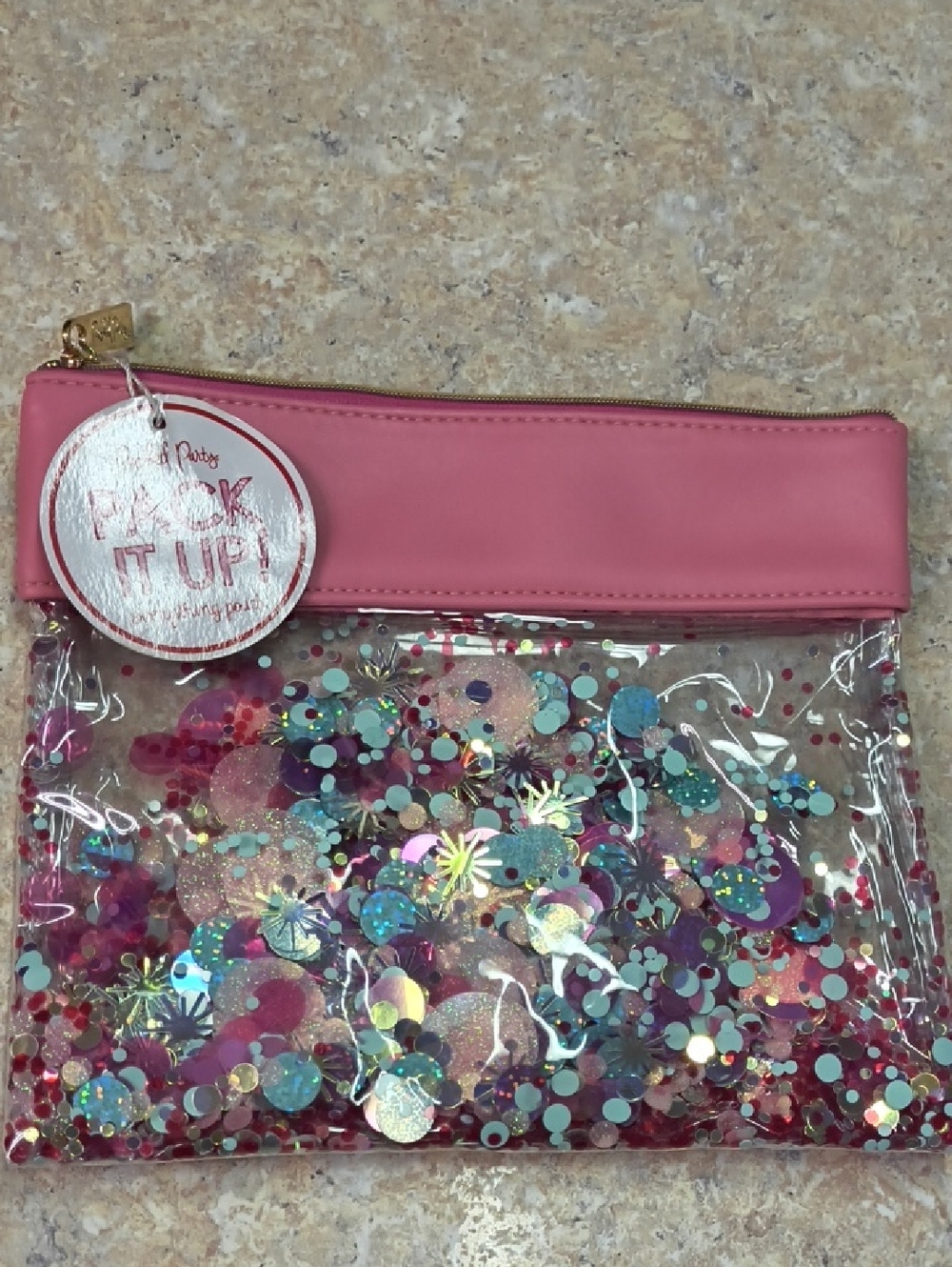 Packed Party Pink Top Clear Confetti Pouch NWT
